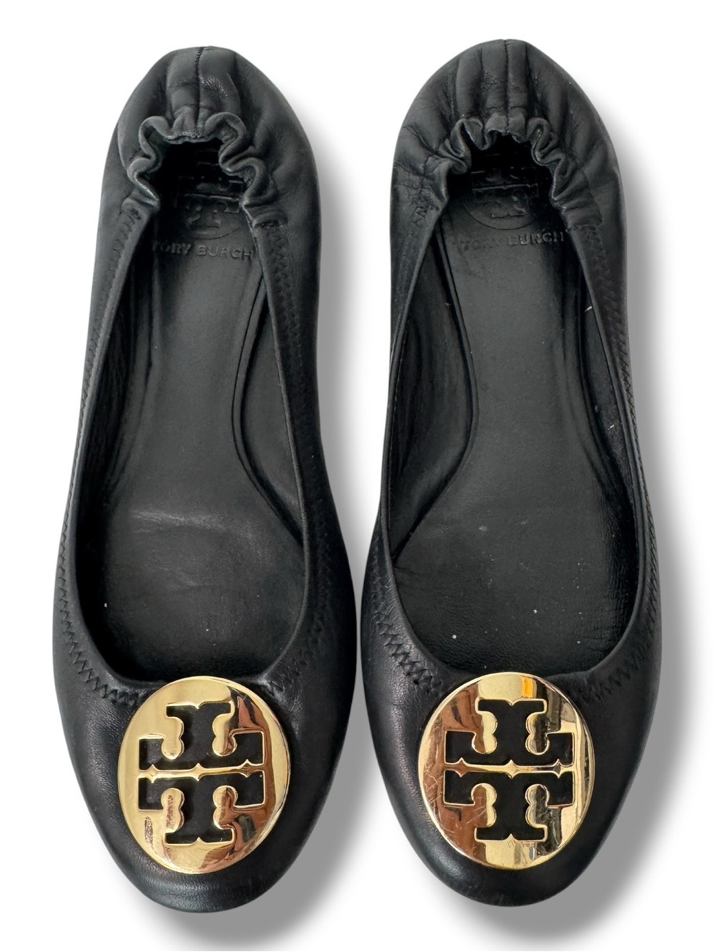 Tory Burch Reva Ballet Flats Women’s Size 8 Black Leather Gold Logo Shoes